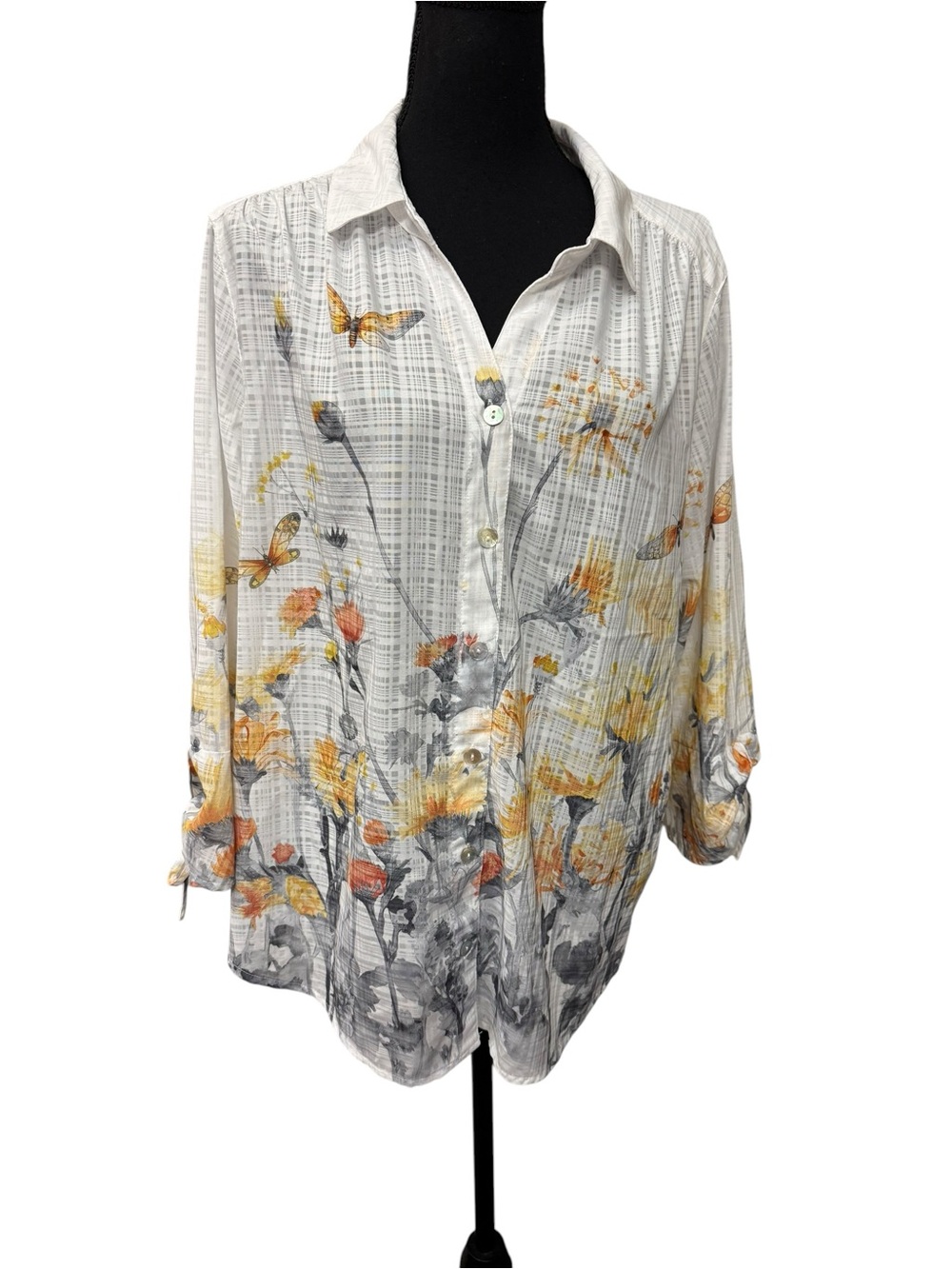 Alfred Dunner Floral Butterfly Button Shirt Large White Roll Tab Blouse EUC - Picture 2 of 10